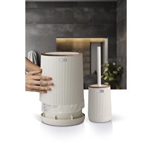 Okyanus Home Nida Bej Ahşap Desenli Eko 2'li Wc Kova Ve Fırça Seti