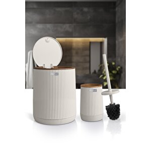 Okyanus Home Nida Bej Ahşap Desenli Eko 2'li Wc Kova Ve Fırça Seti