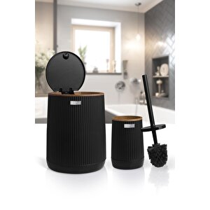 Okyanus Home Nida Siyah Ahşap Desenli Eko 2'li Wc Kova Ve Fırça Seti