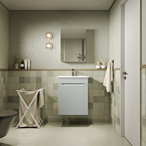 Banyo Dolabı, Ayna Ve Lavabo Seti, 55 Cm, İnci Gri