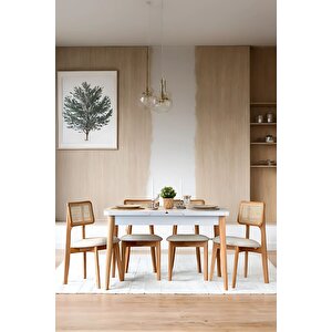 Andre Natural Beyaz Ahşap Dikdörtgen Mirla Sandalyeli Açılır Masa Takımı 70x127