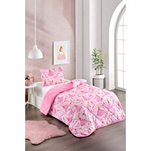 Renkli Desenli Tek Kişilik Yorgan Peluş Çift Taraflı Yastık Kılıflı (çarşafsız) Kız Çocuk Pembe Beyaz