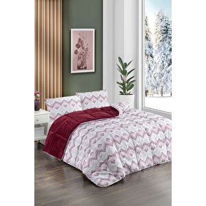 Renkli Desenli Çift Kişilik Yorgan Peluş Çift Taraflı Yastık Kılıflı (çarşafsız) 04 Bordo