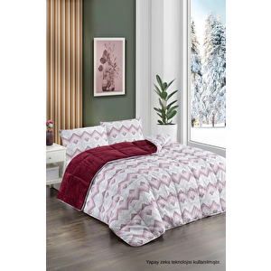 Renkli Desenli Tek Kişilik Yorgan Peluş Çift Taraflı Yastık Kılıflı (çarşafsız) 04 Bordo