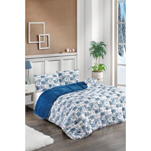 Renkli Desenli Çift Kişilik Yorgan Peluş Çift Taraflı Yastık Kılıflı (çarşafsız) 03 Mavi