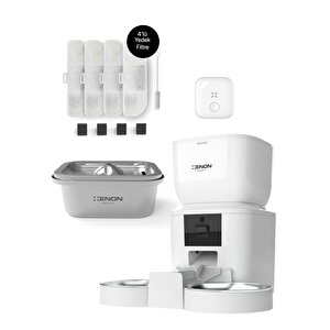 Akıllı 4'lü Pet Seti, Çift Hazneli Beyaz Mama Kabı, Çelik Su Pınarı Yedek Su Filtresi, Smart Tag