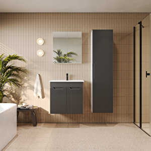 Banyo Dolabı, Ayna Ve Lavabo Seti, Boy Dolaplı 65 Cm, Antrasit Gri