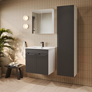 Banyo Dolabı, Ayna Ve Lavabo Seti, Boy Dolaplı 65 Cm, Antrasit Gri