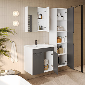 Banyo Dolabı, Ayna Ve Lavabo Seti, Boy Dolaplı 65 Cm, Antrasit Gri