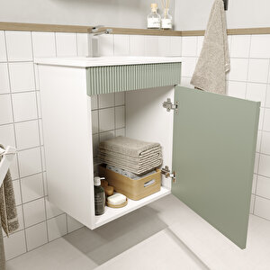 Banyo Dolabı, Ayna Ve Lavabo Seti, 55 Cm, Soft Su Yeşili