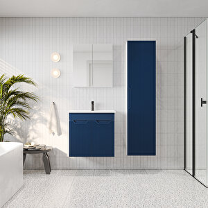 Banyo Dolabı, Ayna Ve Lavabo Seti, Boy Dolaplı 65 Cm, Belize Mavi