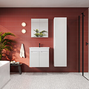 Banyo Dolabı, Ayna Ve Lavabo Seti, Boy Dolaplı 65 Cm, Beyaz