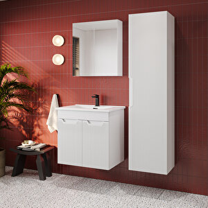 Banyo Dolabı, Ayna Ve Lavabo Seti, Boy Dolaplı 65 Cm, Beyaz