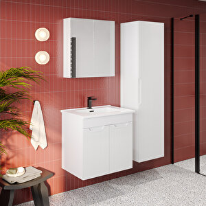 Banyo Dolabı, Ayna Ve Lavabo Seti, Boy Dolaplı 65 Cm, Beyaz