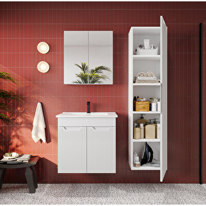 Banyo Dolabı, Ayna Ve Lavabo Seti, Boy Dolaplı 65 Cm, Beyaz