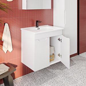 Banyo Dolabı, Ayna Ve Lavabo Seti, Boy Dolaplı 65 Cm, Beyaz