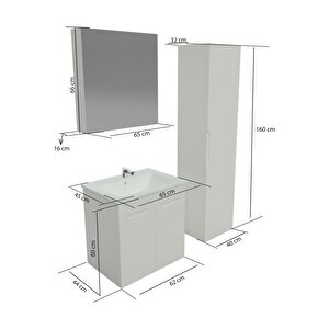 Banyo Dolabı, Ayna Ve Lavabo Seti, Boy Dolaplı 65 Cm, Beyaz