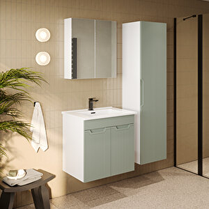 Banyo Dolabı, Ayna Ve Lavabo Seti, Boy Dolaplı 65 Cm, Soft Su Yeşili