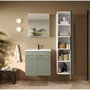 Banyo Dolabı, Ayna Ve Lavabo Seti, Boy Dolaplı 65 Cm, Soft Su Yeşili
