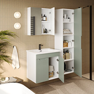 Banyo Dolabı, Ayna Ve Lavabo Seti, Boy Dolaplı 65 Cm, Soft Su Yeşili