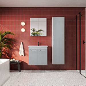 Banyo Dolabı, Ayna Ve Lavabo Seti, Boy Dolaplı 65 Cm, İnci Gri