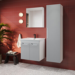 Banyo Dolabı, Ayna Ve Lavabo Seti, Boy Dolaplı 65 Cm, İnci Gri