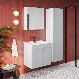 Banyo Dolabı, Ayna Ve Lavabo Seti, Boy Dolaplı 65 Cm, İnci Gri