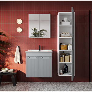 Banyo Dolabı, Ayna Ve Lavabo Seti, Boy Dolaplı 65 Cm, İnci Gri