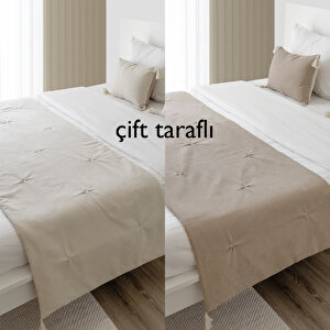 Çift Taraflı Krem / Toprak Yatak Runner & Iç Dolgulu Kırlent Seti Çift Kişilik Püsküllü