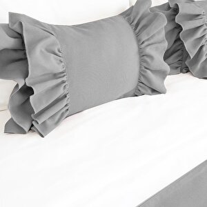 Yatak Runner & Iç Dolgulu Kırlent Seti Çift Kişilik Fırfırlı Gri