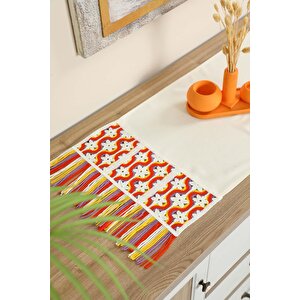 Renkli Saçaklı Ve Motifli Runner 90x30 Cm,r-97k Ekru