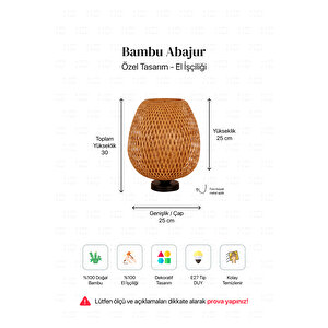 Boja Bambu Abajur, Masa Lambası 25x25x30 Cm İskandinav, Modern, Bohem, Rattan, Aydınlatma