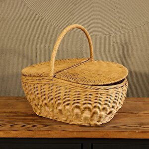 Bohem Large Boy Kapaklı Piknik Sepeti, Brunch Sepeti, Dekoratif Sepet, Iskandinav, Modern, Rattan