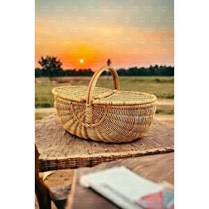 Bohem Large Boy Piknik Sepeti, Brunch Sepeti, Dekoratif Sepet, Iskandinav, Modern, Rattan