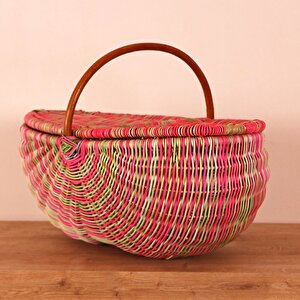 Bohem Large Boy Pembe Renkli Piknik Sepeti, Brunch Sepeti, Dekoratif Sepet, Iskandinav, Rattan