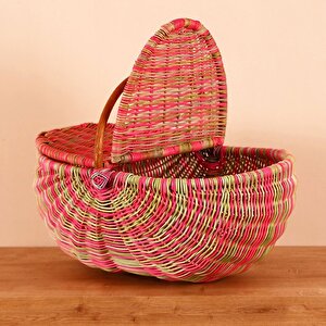 Bohem Large Boy Pembe Renkli Piknik Sepeti, Brunch Sepeti, Dekoratif Sepet, Iskandinav, Rattan