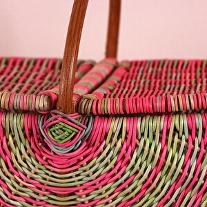 Bohem Large Boy Pembe Renkli Piknik Sepeti, Brunch Sepeti, Dekoratif Sepet, Iskandinav, Rattan