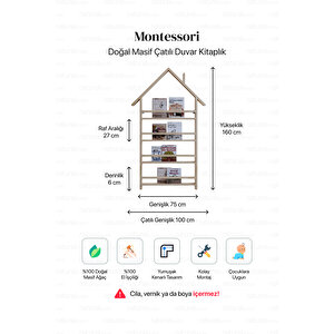 Çatılı Kitaplık Masif Ahşap Montessori Çatılı Duvar Kitaplık