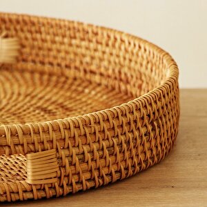 Bohem Rattan Kulplu Yuvarlak Tepsi 35x6 Cm Large, Iskandinav, Modern