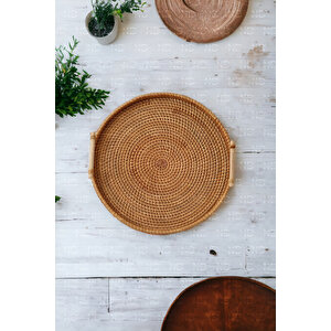 Bohem Rattan Kulplu Hasır Tepsi 35, Iskandinav, Modern