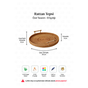 Bohem Rattan Kulplu Hasır Tepsi 35, Iskandinav, Modern