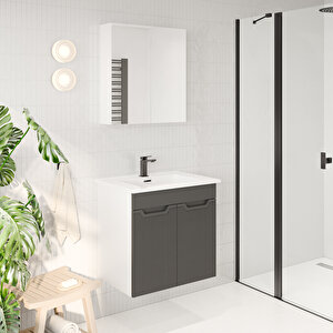 Banyo Dolabı, Ayna Ve Lavabo Seti, 65 Cm, Antrasit Gri