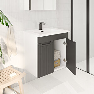 Banyo Dolabı, Ayna Ve Lavabo Seti, 65 Cm, Antrasit Gri