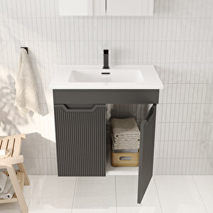 Banyo Dolabı, Ayna Ve Lavabo Seti, 65 Cm, Antrasit Gri