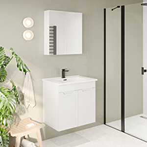 Banyo Dolabı, Ayna Ve Lavabo Seti, 65 Cm, Beyaz