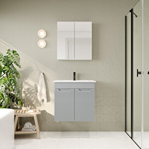 Banyo Dolabı, Ayna Ve Lavabo Seti, 65 Cm, İnci Gri