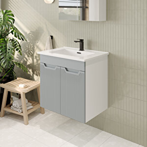 Banyo Dolabı, Ayna Ve Lavabo Seti, 65 Cm, İnci Gri