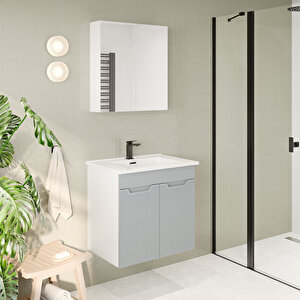 Banyo Dolabı, Ayna Ve Lavabo Seti, 65 Cm, İnci Gri