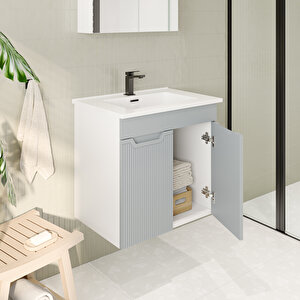 Banyo Dolabı, Ayna Ve Lavabo Seti, 65 Cm, İnci Gri