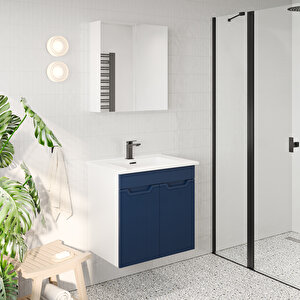 Banyo Dolabı, Ayna Ve Lavabo Seti, 65 Cm, Belize Mavi